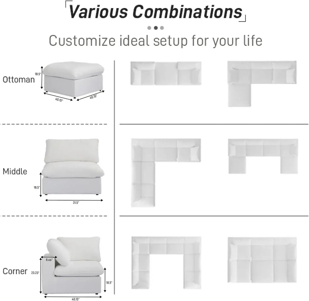 Deluxe Premium Cloud Sectional Sofas | Cotton and Linen White Sofa Sets 160" Flexible Armrest Pillows 6-seaters