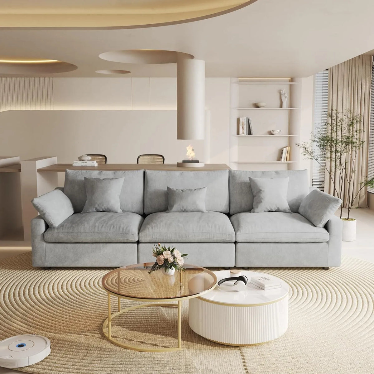 Sofá seccional lavable Deluxe Cloud de 3 plazas en gris claro | 3 piezas, tela de chenilla y lino, diseño modular