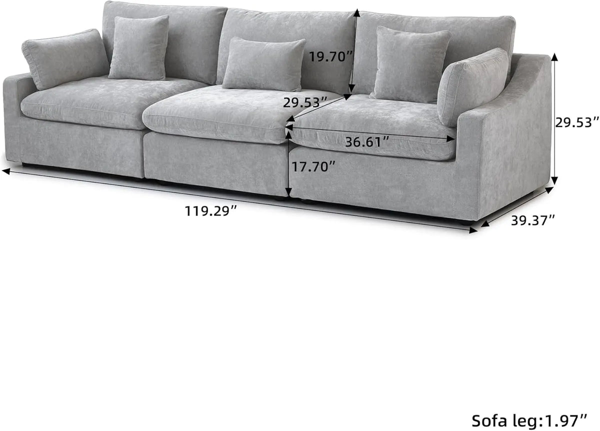Sofá seccional lavable Deluxe Cloud de 3 plazas en gris claro | 3 piezas, tela de chenilla y lino, diseño modular