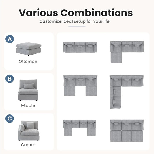 Deluxe Slope Cloud Sectional Sofas | Light Grey Linen Couch Sectionals 3-seaters