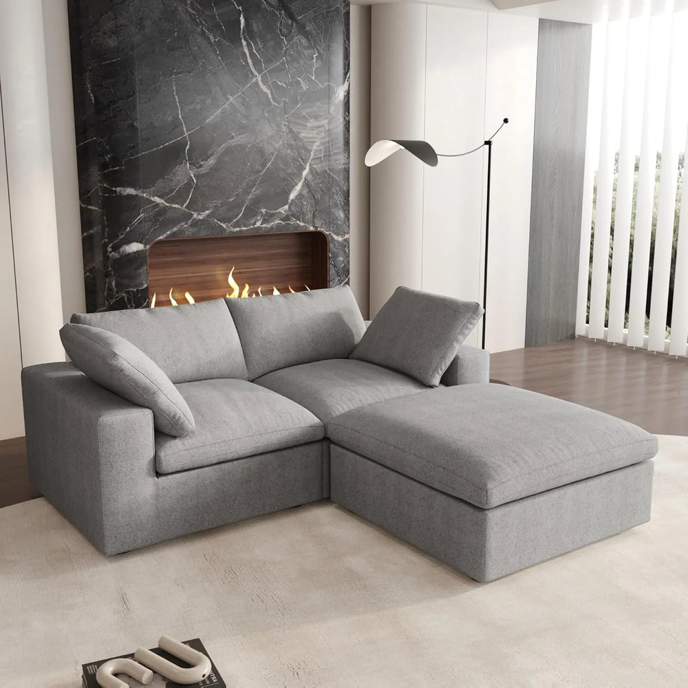 Deluxe Premium Cloud Sectional Sofas | 3-Piece Cotton and Linen Light Grey Chaise Sectionals 120" Flexible Armrest Pillows 2-seaters