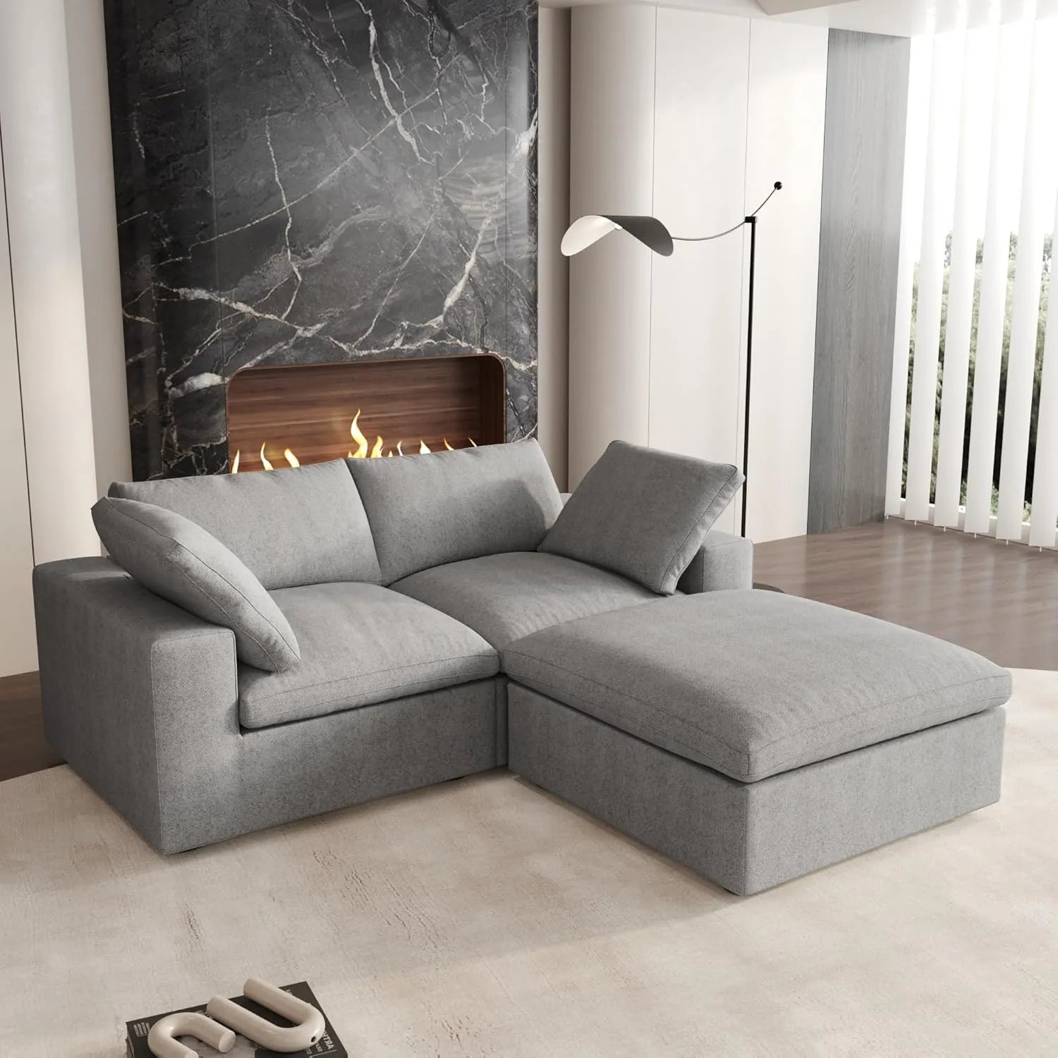 Deluxe Cloud 2-Seater Light-Grey Storage Chaise Sectional | 3-Piece (includes 1 Ottoman), Cotton and Linen Fabric, Washable Covers