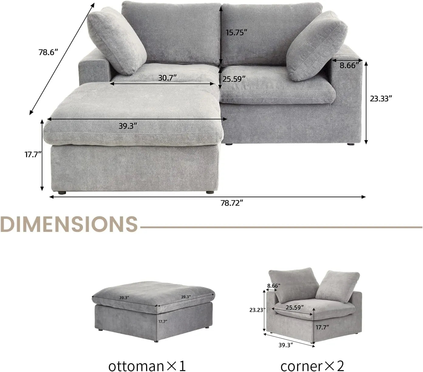 Deluxe Premium Cloud Sectional Sofas | Cotton and Linen Light Grey Chaise Sectionals 120" Flexible Armrest Pillows 2-seaters