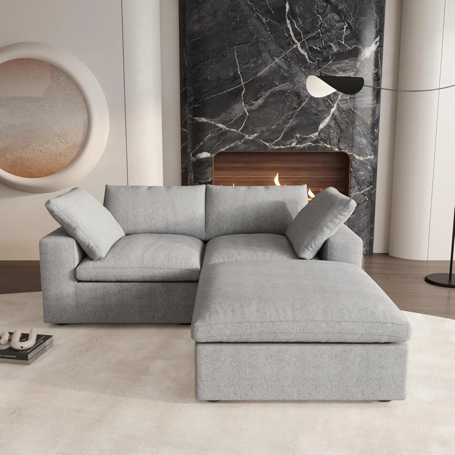 Deluxe Cloud 2-Seater Light-Grey Storage Chaise Sectional | 3-Piece (includes 1 Ottoman), Cotton and Linen Fabric, Washable Covers
