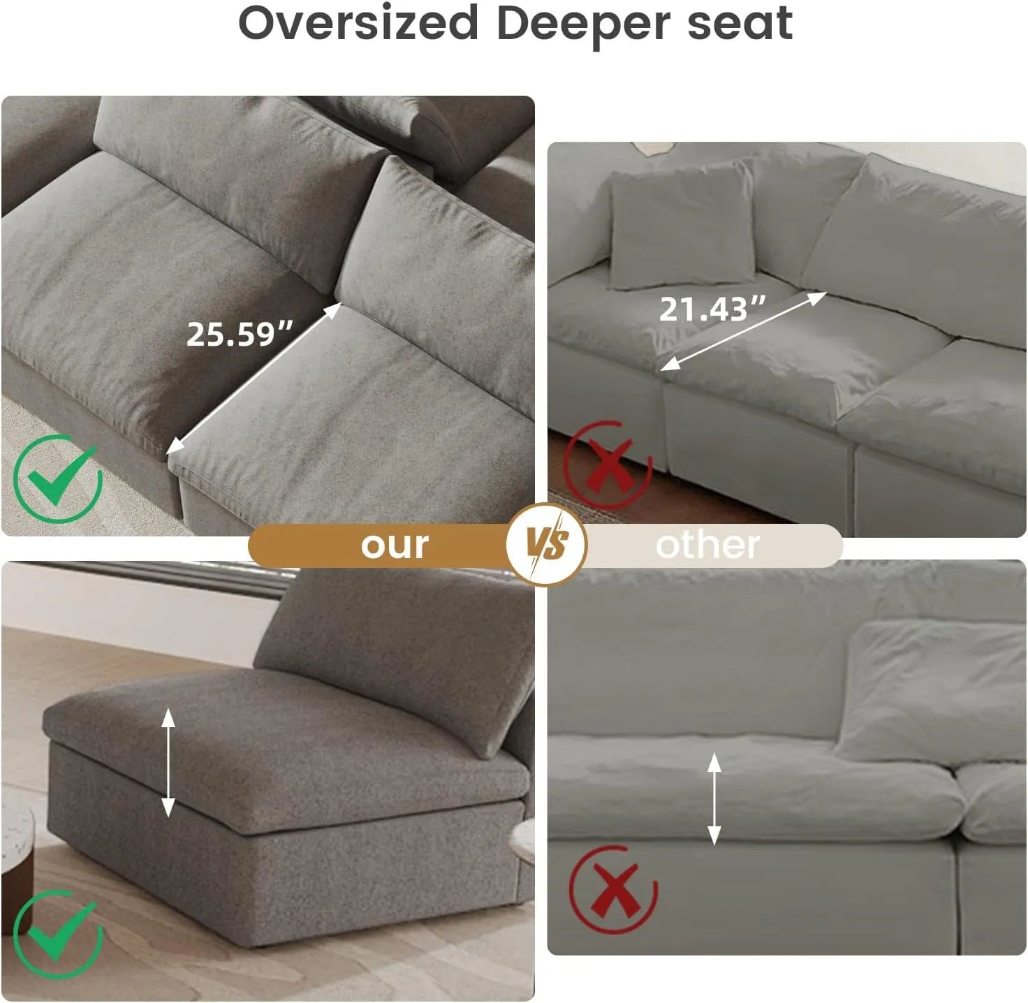 Deluxe Premium Cloud Sectional Sofas | Cotton and Linen Light Grey Chaise Sectionals 120" Flexible Armrest Pillows 2-seaters