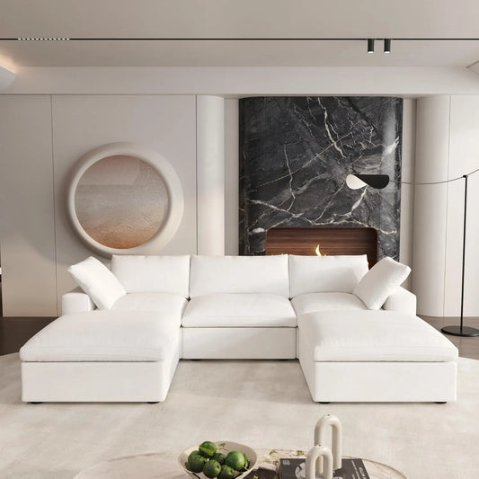 Deluxe Premium Cloud Sectional Sofas | Cotton and Linen White U-shaped Sectionals 120" Removable & Washable Covers 3-seaters