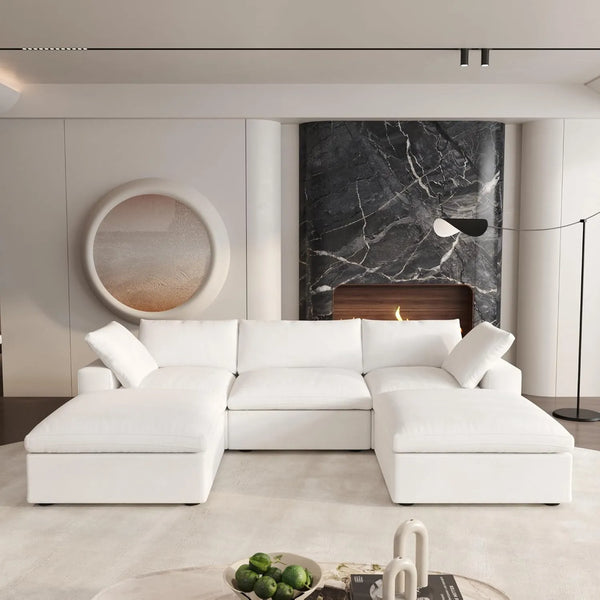 Deluxe Premium Cloud Sectional Sofas | 5-Piece Cotton and Linen White U-shaped Sectionals 120" Removable & Washable Covers 3-seater