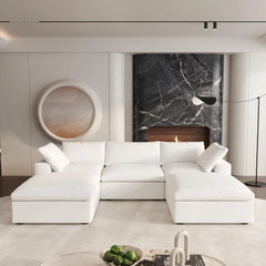 Deluxe Premium Cloud Sectional Sofas | 5-Piece Cotton and Linen White U-shaped Sectionals 120" Removable & Washable Covers 3-seaters