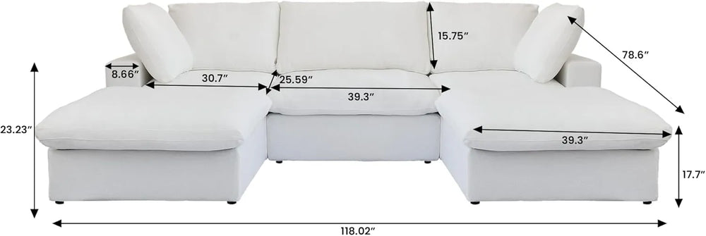 Deluxe Premium Cloud Sectional Sofas | 5-Piece Cotton and Linen White U-shaped Sectionals 120" Removable & Washable Covers 3-seaters