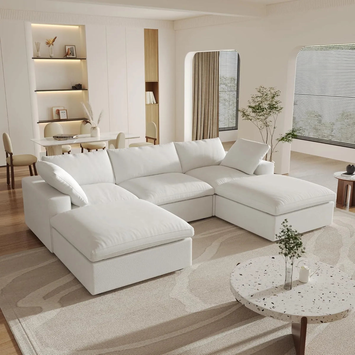 Deluxe Cloud 3-Seater White Storage U-Shaped Sectional | 5-Piece (includes 2 Ottomans), Cotton and Linen Fabric, Washable Covers