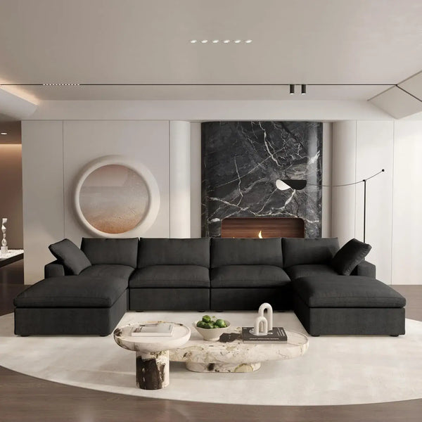 Deluxe Premium Cloud Sectional Sofas | 6-Piece Cotton and Linen Black U-shaped Sectionals 160" Storage Ottoman 4-seater