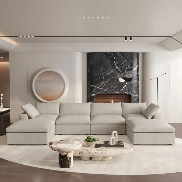 Deluxe Premium Cloud Sectional Sofas | 6-Piece Cotton and Linen Khaki U-shaped Sectionals 160" Cloud-Like Comfort 4-seater