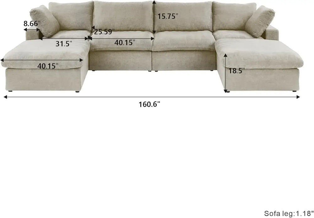 Deluxe Premium Cloud Sectional Sofas | 6-Piece Cotton and Linen Khaki U-shaped Sectionals 160" Cloud-Like Comfort 4-seaters