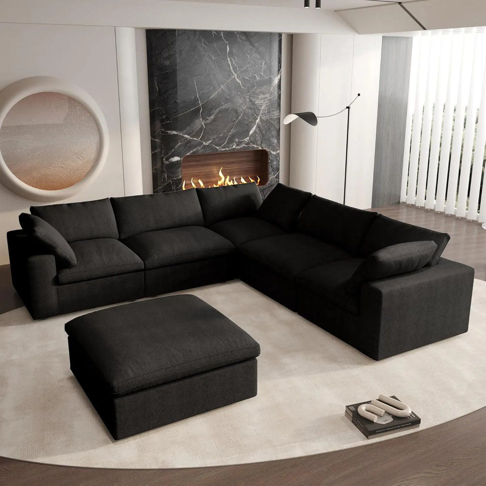 Deluxe Premium Cloud Sectional Sofas | Cotton and Linen Black V-shaped Sectionals 160" Storage Ottoman 5-seaters