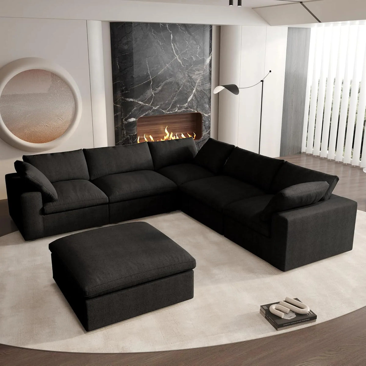 Sofá de lujo Cloud de 5 plazas con almacenamiento, color negro | 6 piezas (incluye 1 otomana), tejido de algodón y lino, fundas lavables