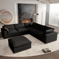 Deluxe Premium Cloud Sectional Sofas | Cotton and Linen Black V-shaped Sectionals 160" Storage Ottoman 5-seaters