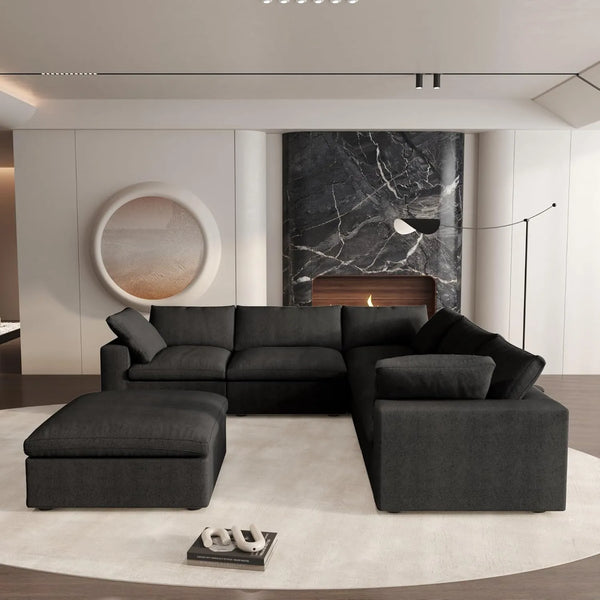 Deluxe Premium Cloud Sectional Sofas | 6-Piece Cotton and Linen Black V-shaped Sectionals 160" Storage Ottoman 5-seater