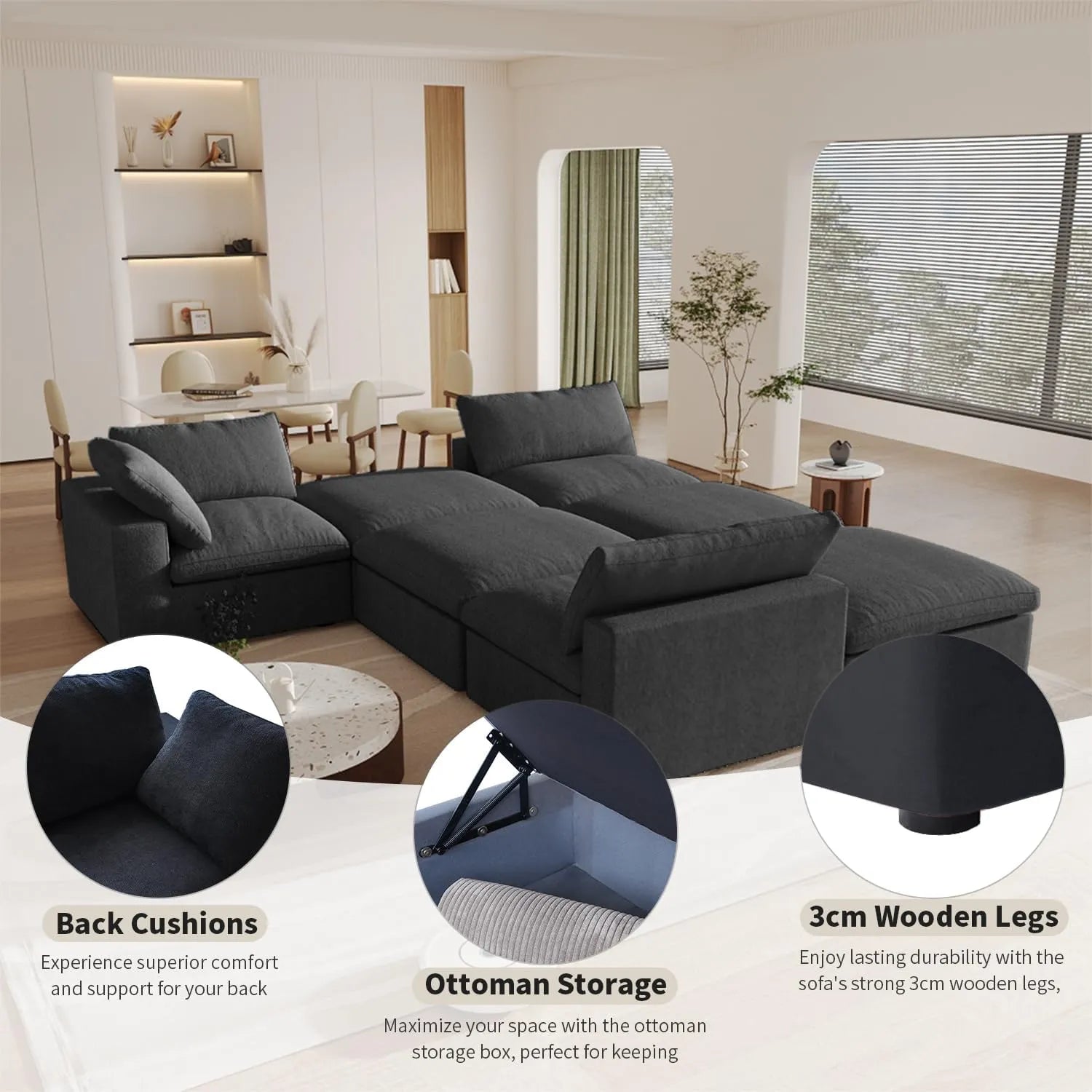 Deluxe Cloud 5-Seater Black Storage Sofa Set | 6-Piece (includes 1 Ottoman), Cotton and Linen Fabric, Washable Covers