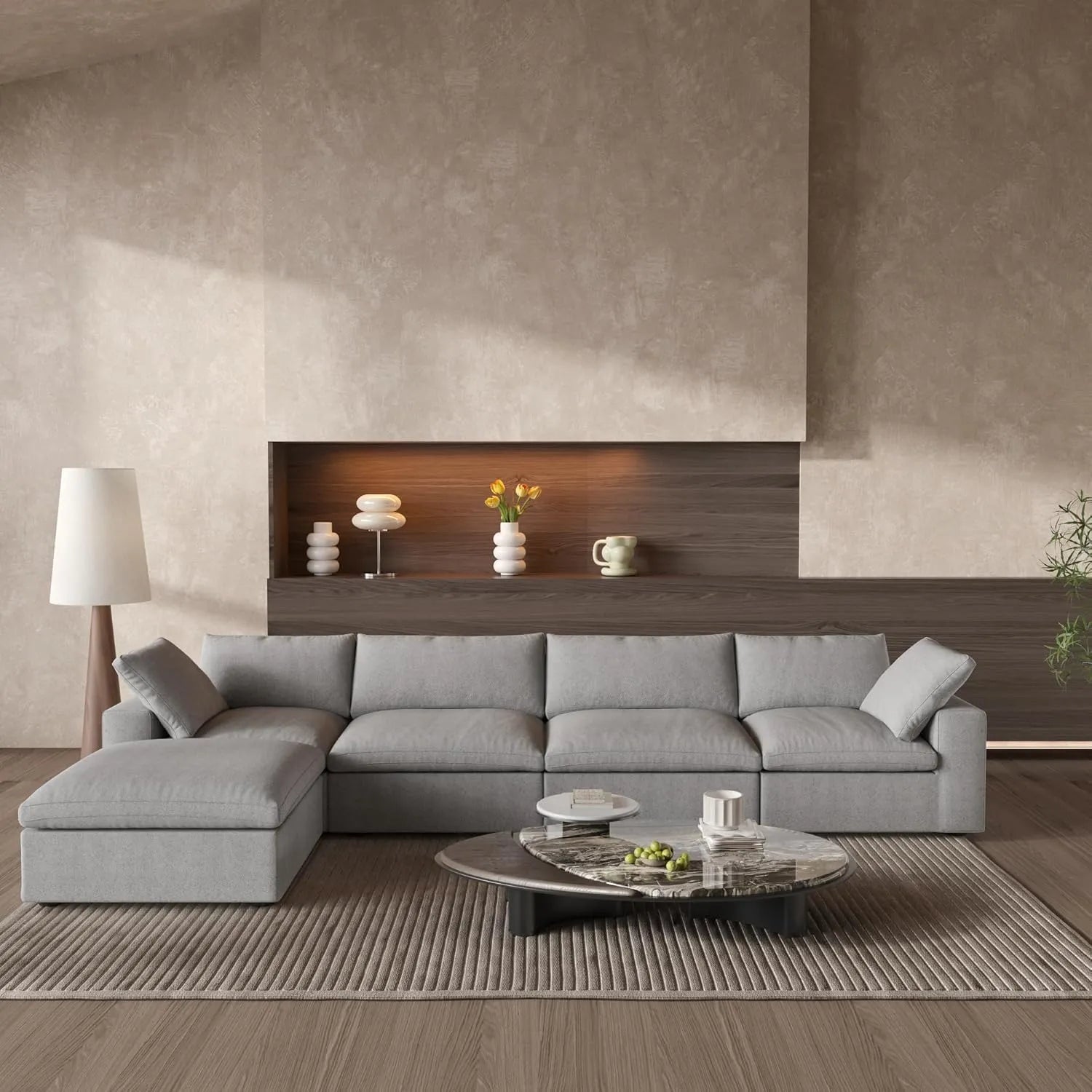 Sofá seccional en forma de L Deluxe Cloud de 4 plazas, color gris claro con almacenamiento | 5 piezas (incluye 1 otomana), tejido de algodón y lino, fundas lavables
