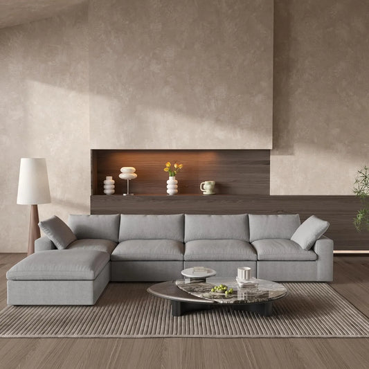 Deluxe Premium Cloud Sectional Sofas | Cotton and Linen Light Grey L-Shaped Sectionals 160" Removable & Washable Covers 4-seaters