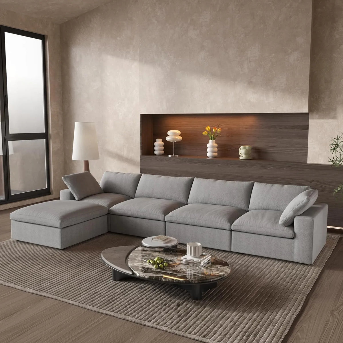 Deluxe Cloud 4-Seater Light-Grey Storage L-Shaped Sectional | 5-Piece (includes 1 Ottoman), Cotton and Linen Fabric, Washable Covers