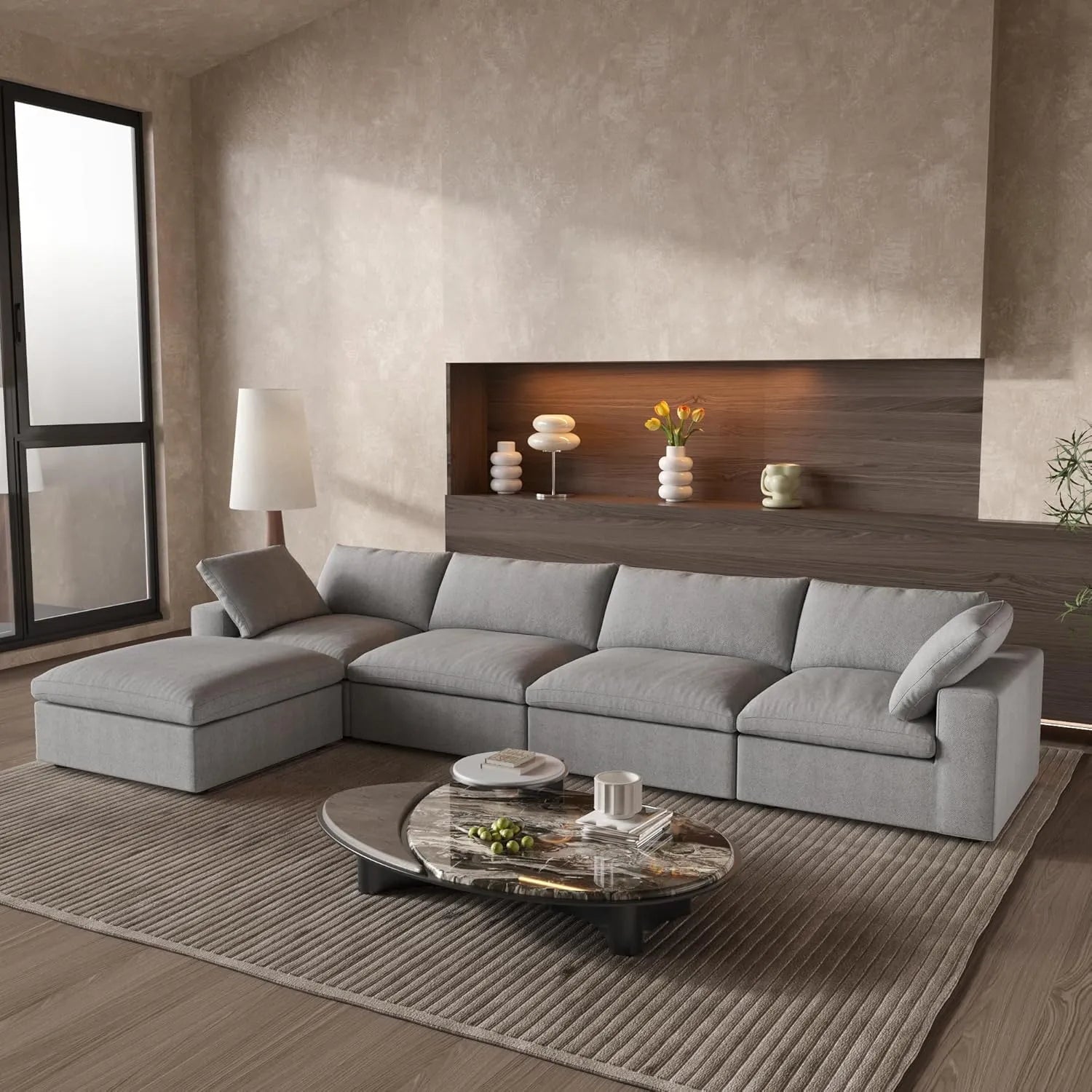 Sofá seccional en forma de L Deluxe Cloud de 4 plazas, color gris claro con almacenamiento | 5 piezas (incluye 1 otomana), tejido de algodón y lino, fundas lavables