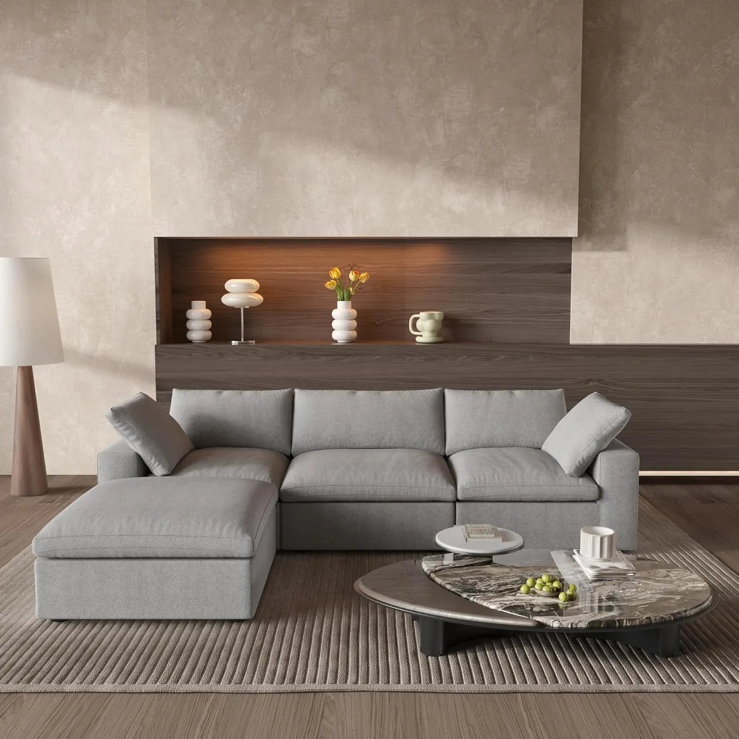 Deluxe Cloud 3-Seater Light-Grey Storage L-Shaped Sectional | 4-Piece (includes 1 Ottoman), Cotton and Linen Fabric, Washable Covers