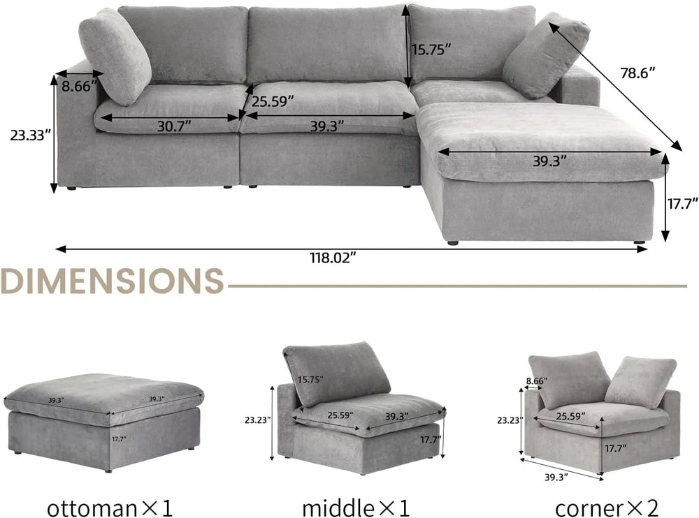 Deluxe Premium Cloud Sectional Sofas | Cotton and Linen Light Grey L-Shaped Sectionals 120" Removable & Washable Covers 3-seaters