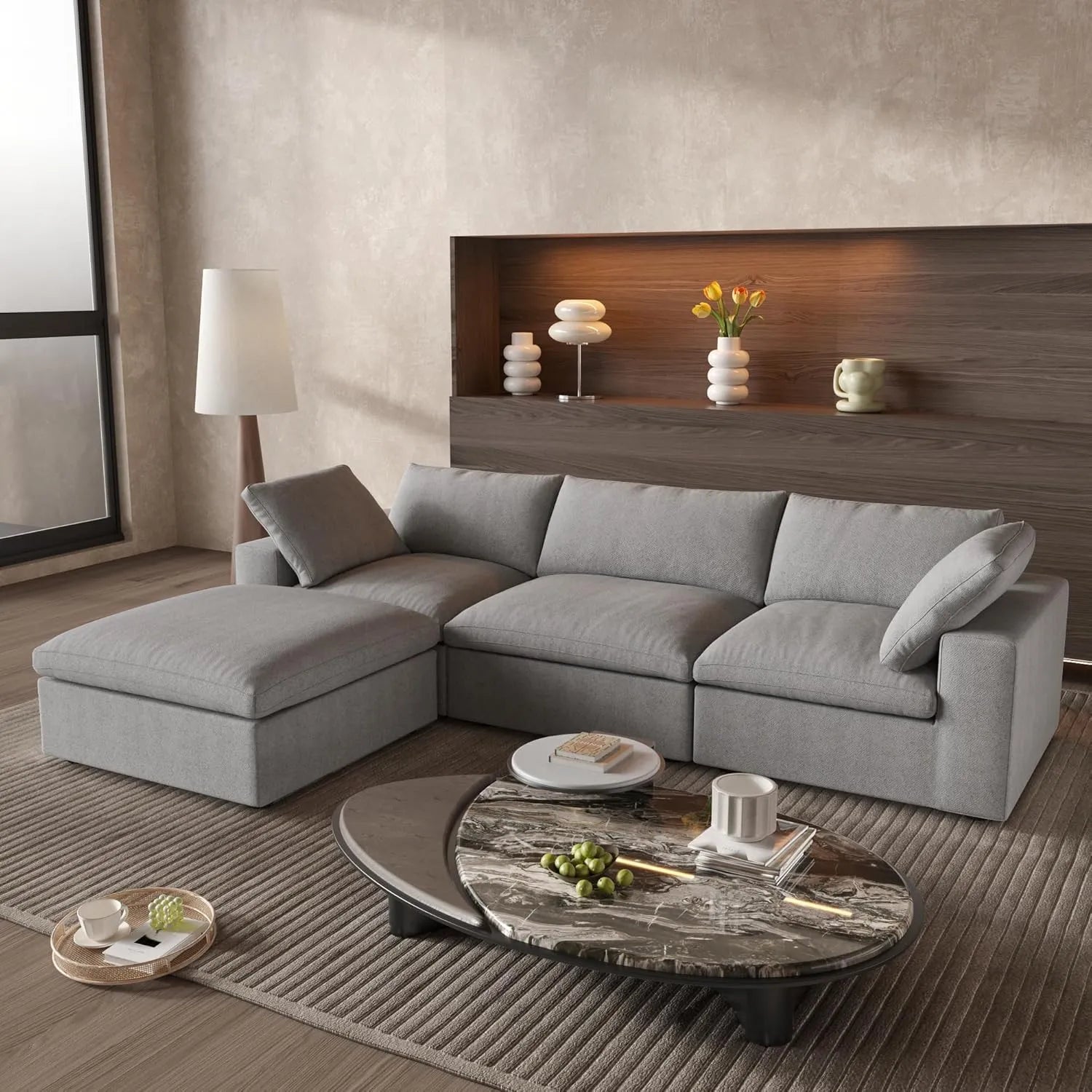 Deluxe Cloud 3-Seater Light-Grey Storage L-Shaped Sectional | 4-Piece (includes 1 Ottoman), Cotton and Linen Fabric, Washable Covers