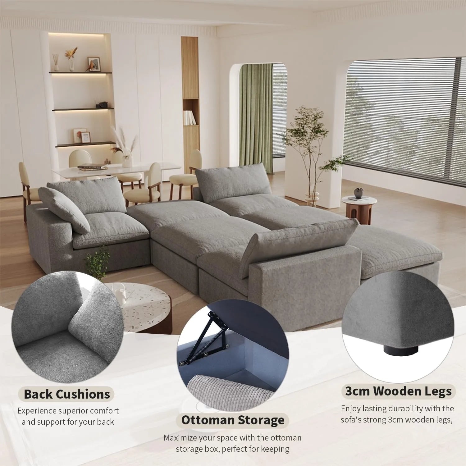 Deluxe Cloud 3-Seater Light-Grey Storage L-Shaped Sectional | 4-Piece (includes 1 Ottoman), Cotton and Linen Fabric, Washable Covers