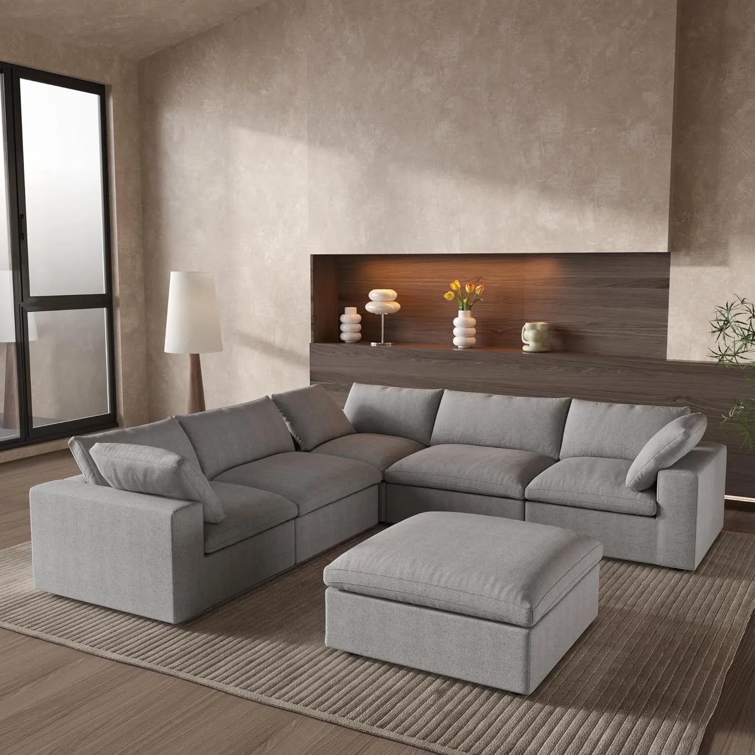 Deluxe Cloud 5-Seater Light-Grey Storage Sofa Set | 6-Piece (includes 1 Ottoman), Cotton and Linen Fabric, Washable Covers