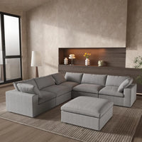 Deluxe Premium Cloud Sectional Sofas | 6-Piece Cotton and Linen Light Grey V-shaped Sectionals 160" Cloud-Like Comfort 5-seaters