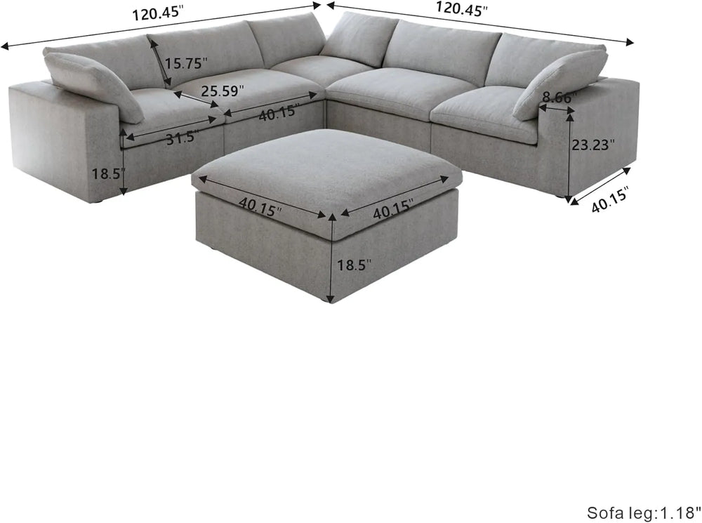 Deluxe Premium Cloud Sectional Sofas | 6-Piece Cotton and Linen Light Grey V-shaped Sectionals 160" Cloud-Like Comfort 5-seaters