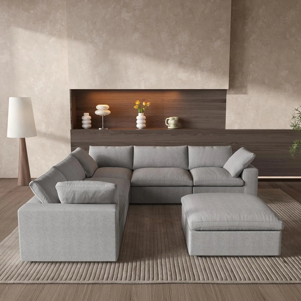 Deluxe Premium Cloud Sectional Sofas | 6-Piece Cotton and Linen Light Grey V-shaped Sectionals 160" Cloud-Like Comfort 5-seaters