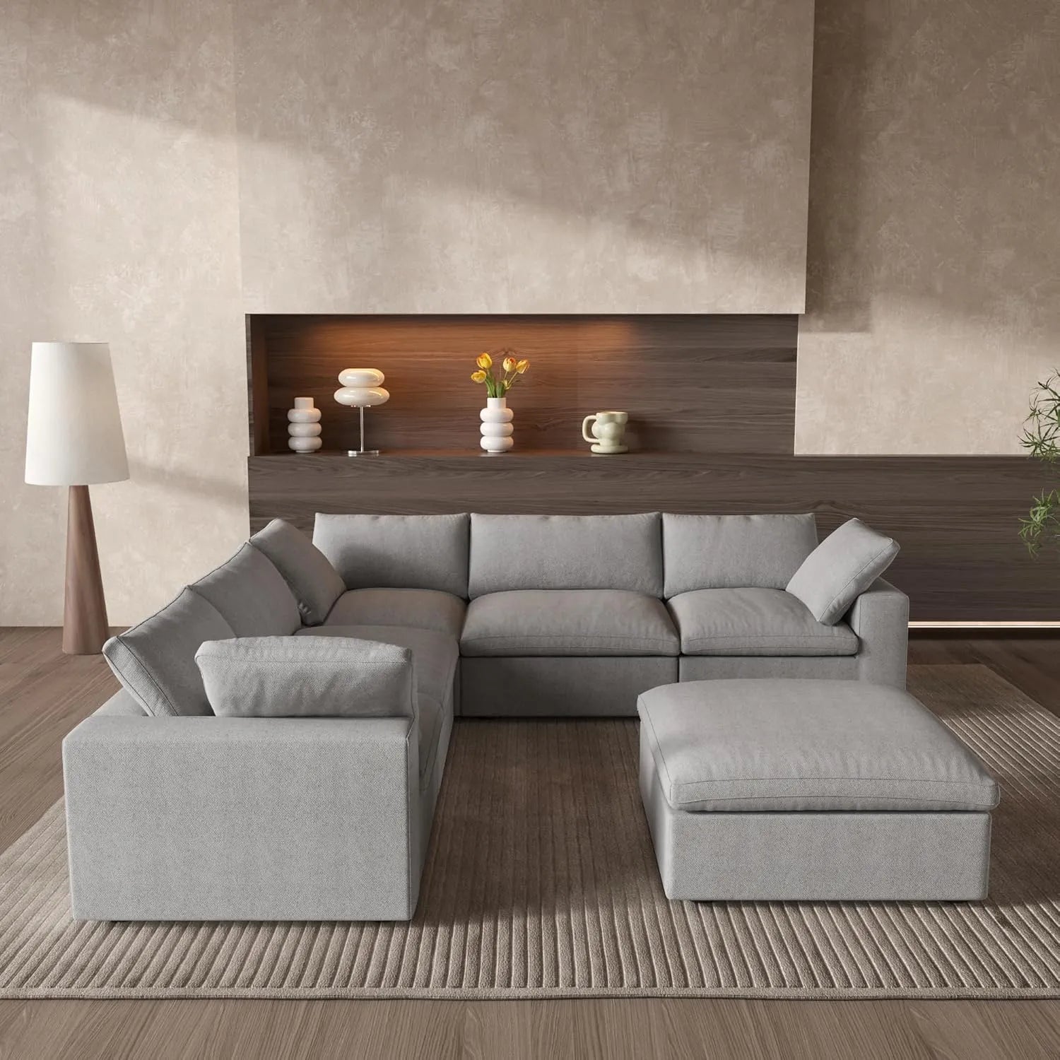 Deluxe Cloud 5-Seater Light-Grey Storage Sofa Set | 6-Piece (includes 1 Ottoman), Cotton and Linen Fabric, Washable Covers