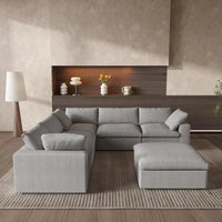 Deluxe Premium Cloud Sectional Sofas | 6-Piece Cotton and Linen Light Grey V-shaped Sectionals 160" Cloud-Like Comfort 5-seaters