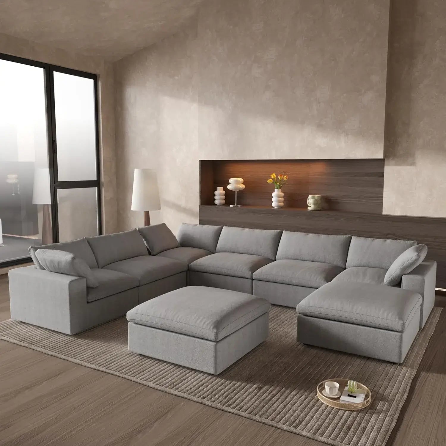 Deluxe Cloud 6-Seater Light-Grey Storage Sofa Set | 8-Piece (includes 2 Ottomans), Cotton and Linen Fabric, Washable Covers