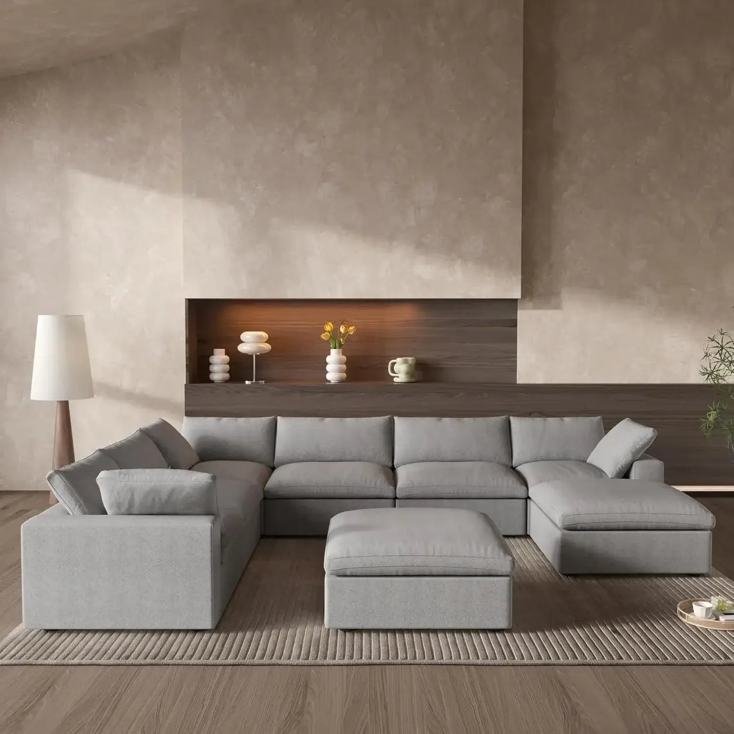 Deluxe Cloud 6-Seater Light-Grey Storage Sofa Set | 8-Piece (includes 2 Ottomans), Cotton and Linen Fabric, Washable Covers