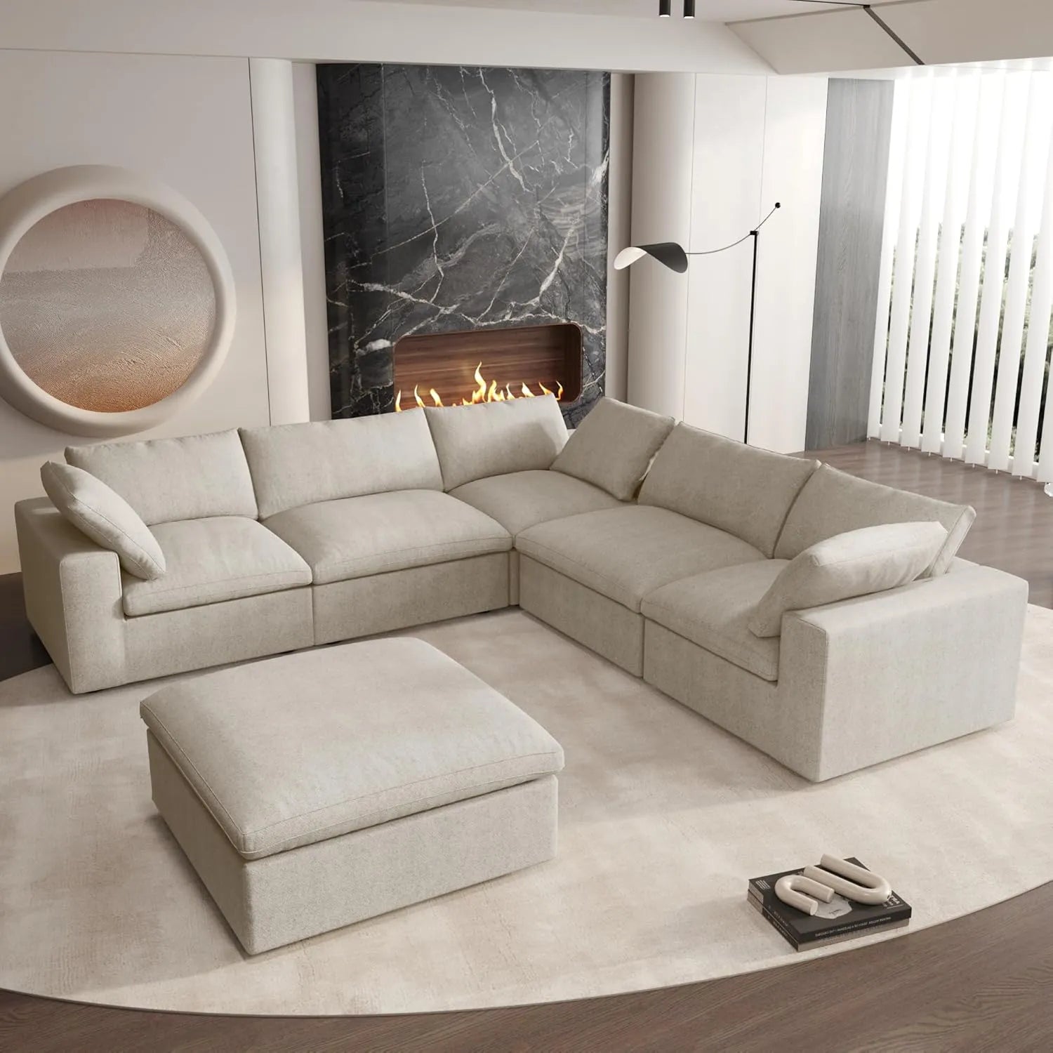 Deluxe Cloud 5-Seater Khaki Storage Sofa Set | 6-Piece (includes 1 Ottoman), Cotton and Linen Fabric, Washable Covers