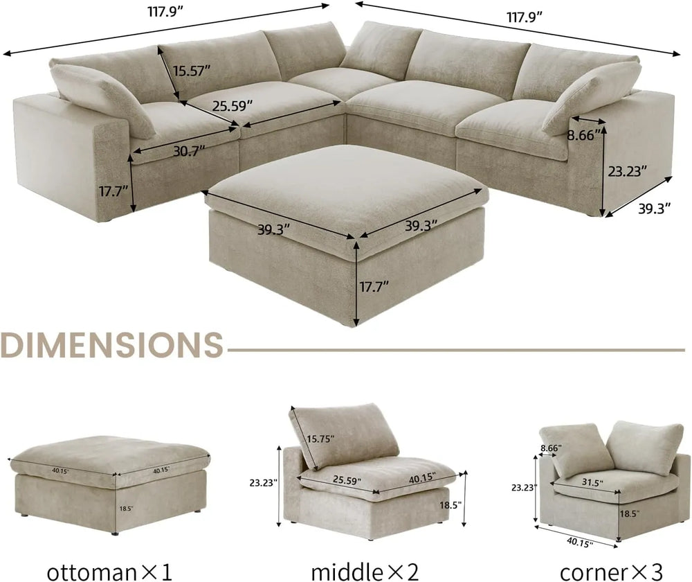 Deluxe Premium Cloud Sectional Sofas | Khaki Cotton and Linen U shaped Sectionals 5-seaters with 1 Ottoman