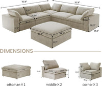 Deluxe Premium Cloud Sectional Sofas | Khaki Cotton and Linen U shaped Sectionals 5-seaters with 1 Ottoman