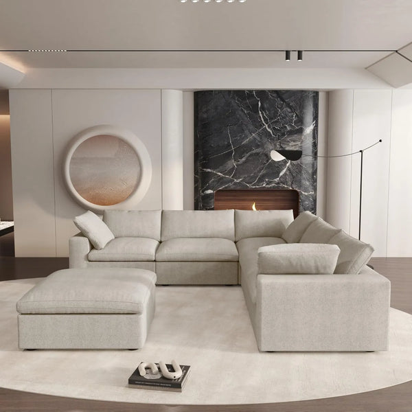 Deluxe Premium Cloud Sectional Sofas | 6-Piece Khaki Cotton and Linen Sofa Sets 5-seater