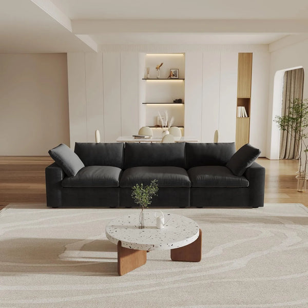Deluxe Premium Cloud Sectional Sofas | 3-Piece Cotton and Linen Black Couch Sectionals 120" Flexible Armrest Pillows 3-seater