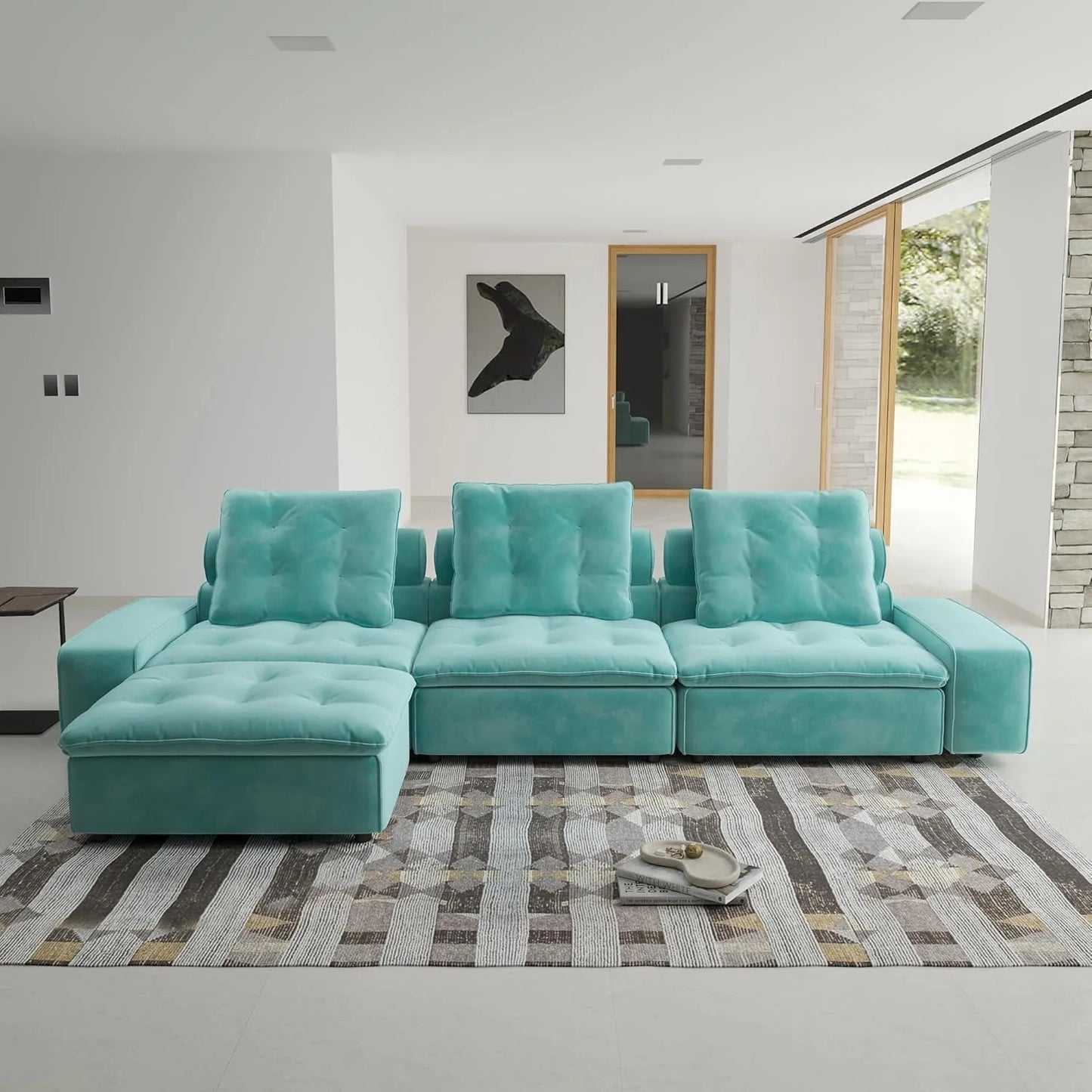 Deluxe Adjustable Cloud Sectional Sofas | Tiffany Blue Frosted Velvet Couch Sectionals 3-seaters with 1 Ottoman