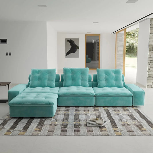 Deluxe Adjustable Cloud Sectional Sofas | Tiffany Blue Frosted Velvet Couch Sectionals 3-seaters with 1 Ottoman