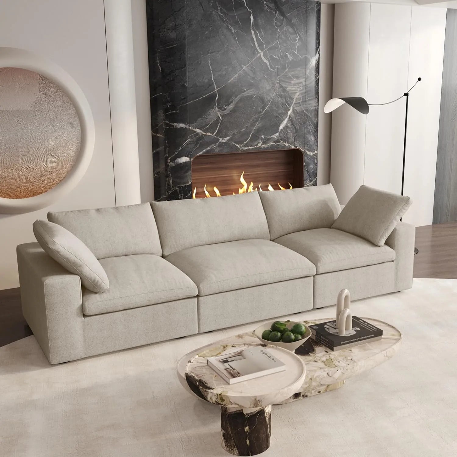 Deluxe Cloud 3-Seater Khaki Washable Couch Sectional | 3-Piece, Cotton and Linen Fabric, Modular Design