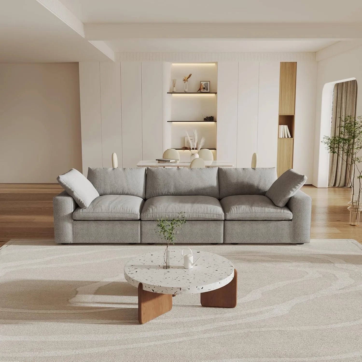 Deluxe Cloud 3-Seater Light-Grey Washable Couch Sectional | 3-Piece, Cotton and Linen Fabric, Modular Design