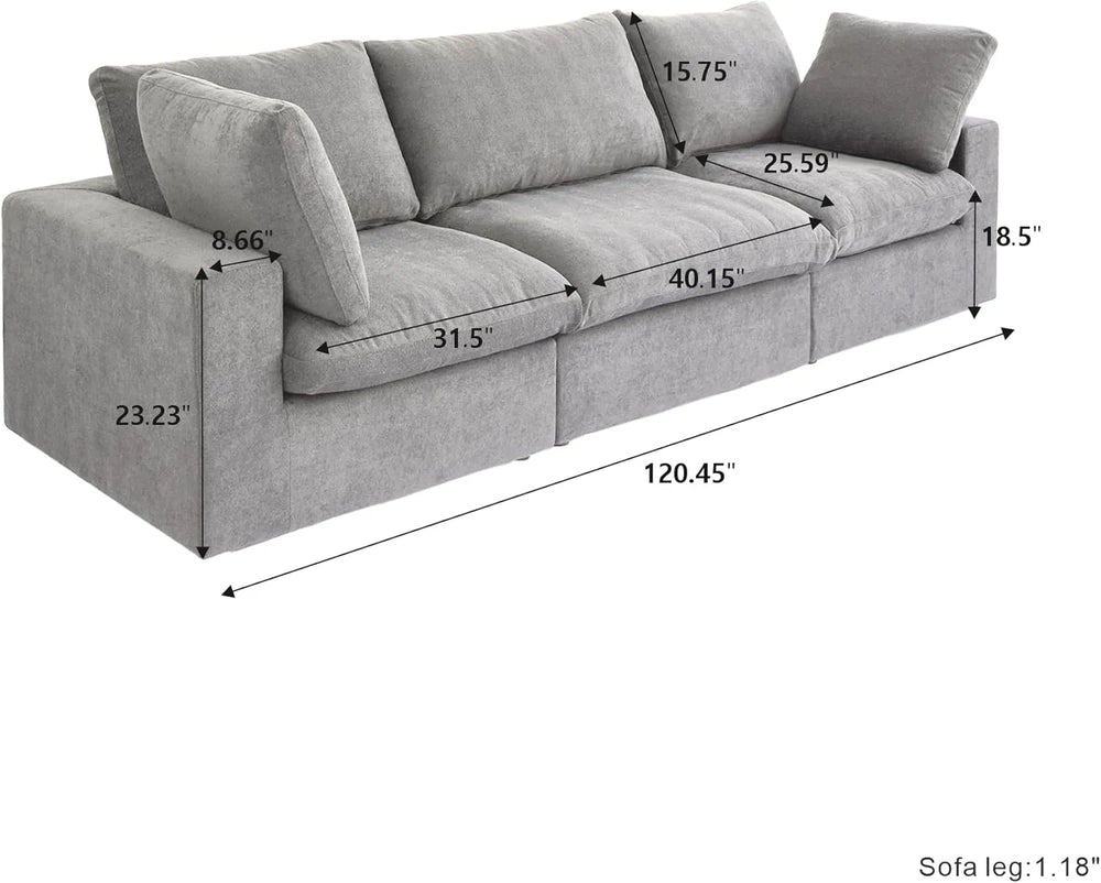 Deluxe Premium Cloud Sectional Sofas | 3-Piece Cotton and Linen Light Grey Couch Sectionals 120" Flexible Armrest Pillows 3-seaters