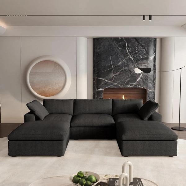 Deluxe Premium Cloud Sectional Sofas | 5-Piece Cotton and Linen Black U-shaped Sectionals 120" Removable & Washable Covers 3-seater