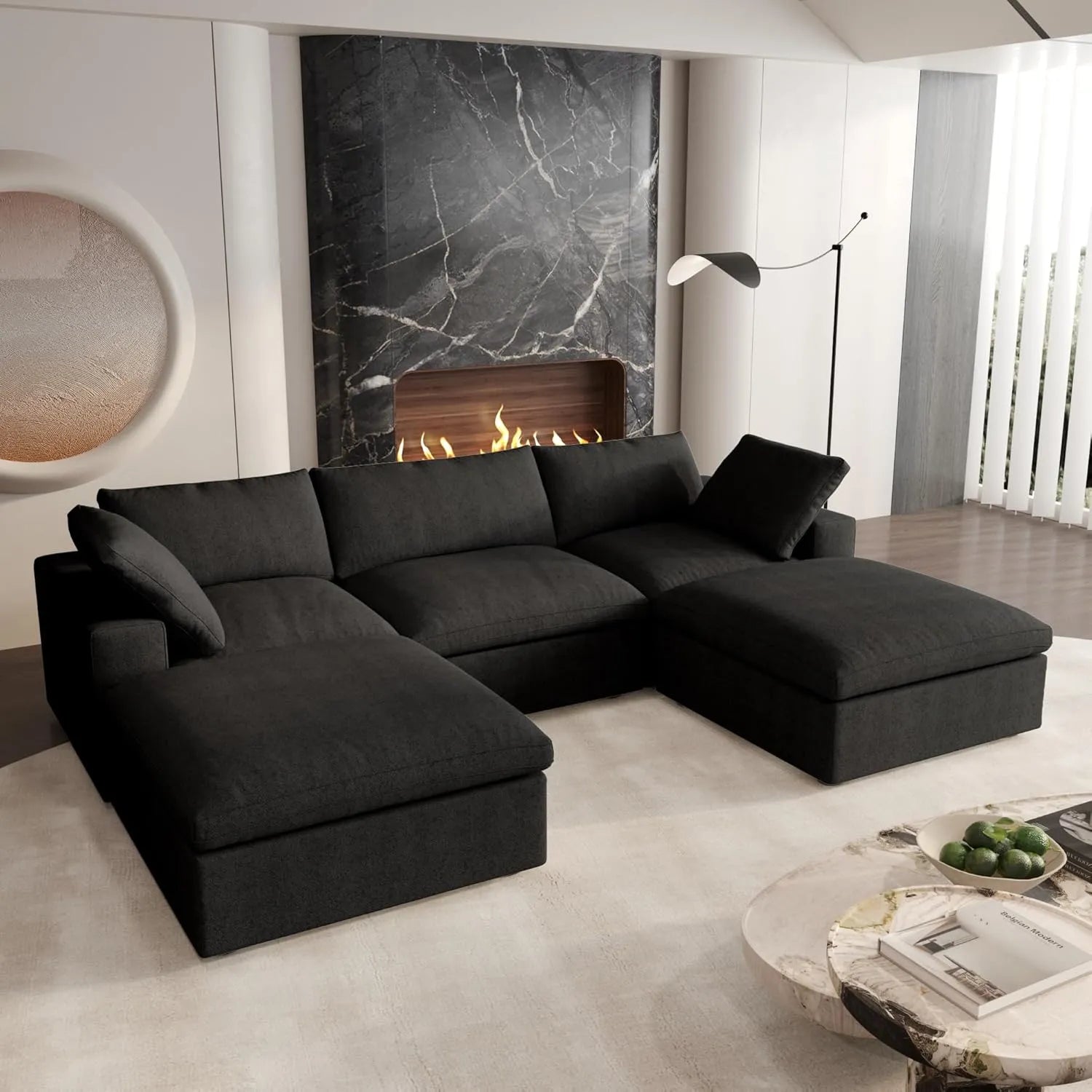 Deluxe Cloud 3-Seater Black Storage U-Shaped Sectional | 5-Piece (includes 2 Ottomans), Cotton and Linen Fabric, Washable Covers